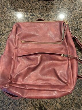 Women’s Dusty Rose Faux Leather Backpack with Front Zip Pockets